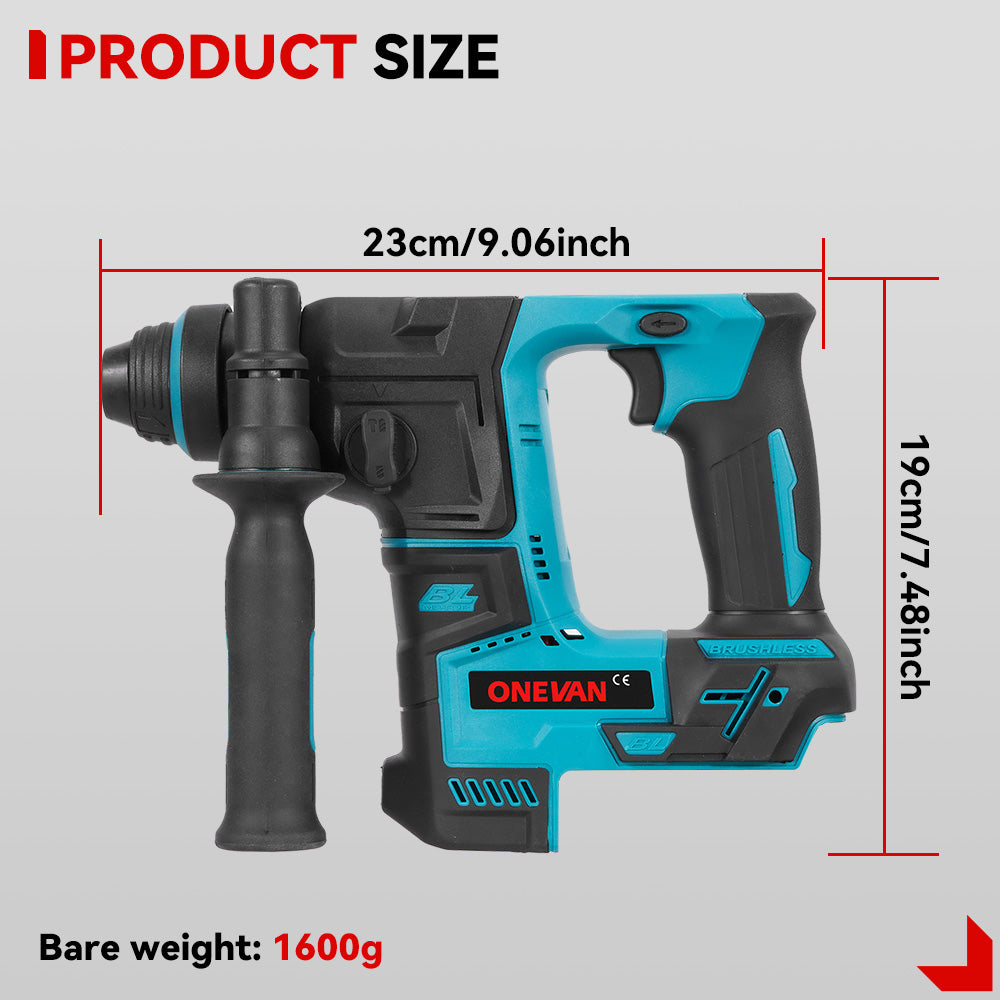 Taladro percutor rotativo sin escobillas ONEVAN de 24 mm - Perforación de hormigón y madera | Para batería Makita de 18 V