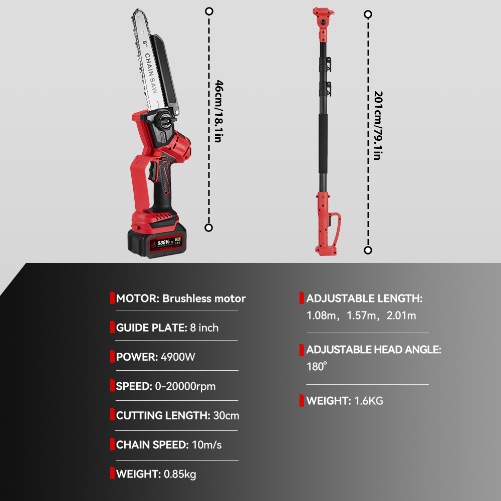 ONEVAN 8" Cordless Pole Saw 2 In 1 Brushless Chainsaw with Telescoping Pole(1.08-2.01m) | For Makita 18V Battery