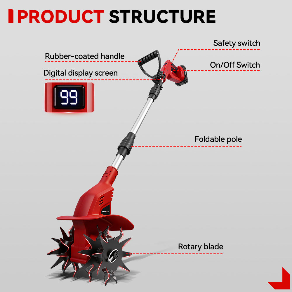 ONEVAN Cordless Brushless Tiller – 3-Fold Design | Dual Blades | LED Display | For Makita 18V Battery