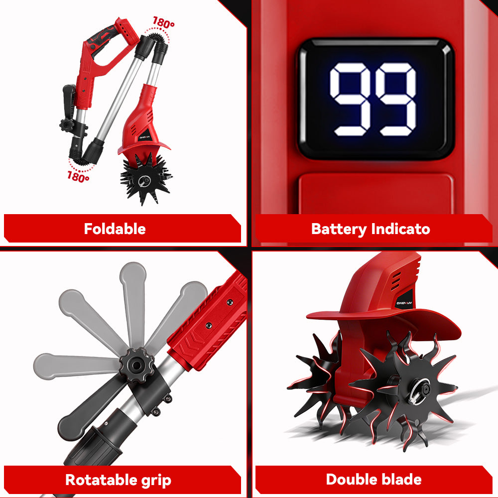 ONEVAN Cordless Brushless Tiller – 3-Fold Design | Dual Blades | LED Display | For Makita 18V Battery