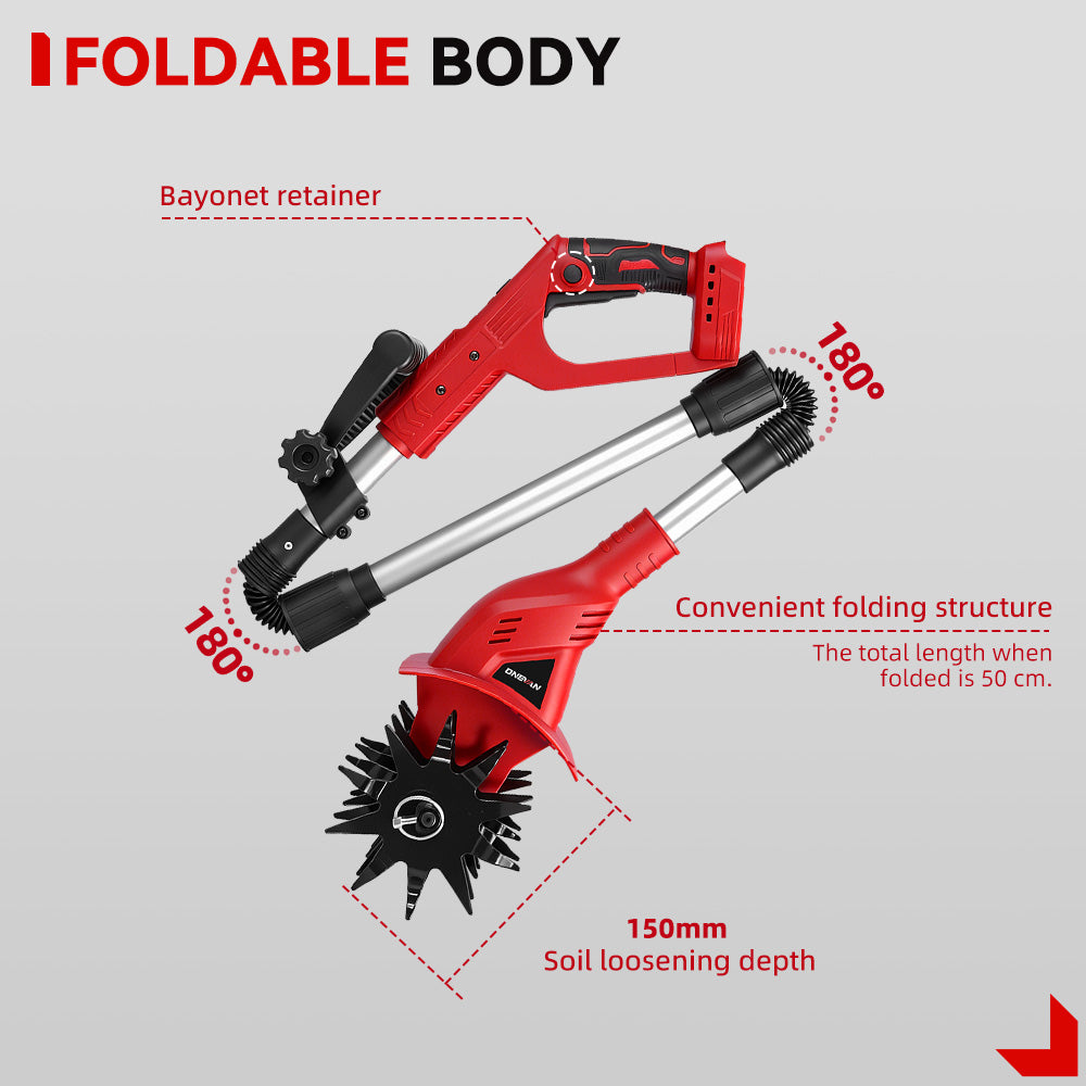 ONEVAN Cordless Brushless Tiller – 3-Fold Design | Dual Blades | LED Display | For Makita 18V Battery