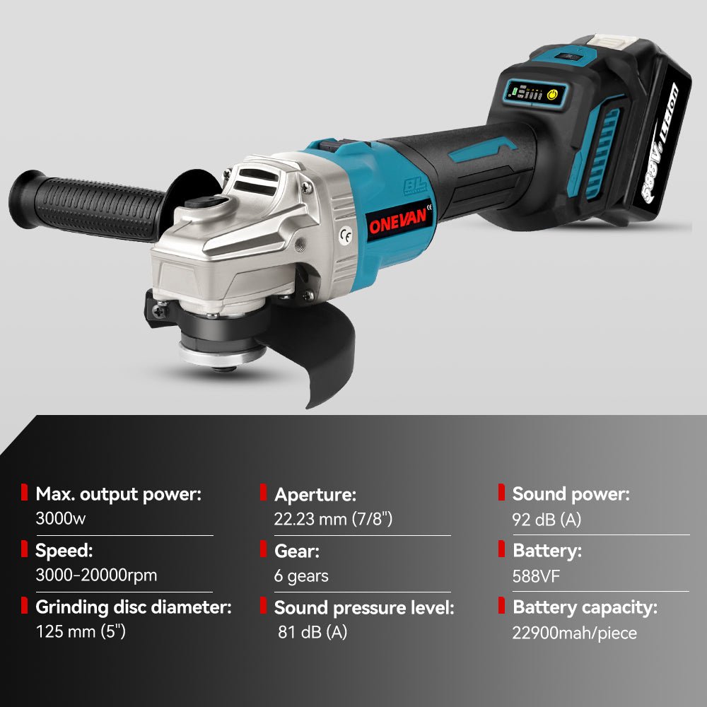 ONEVAN 1/2" 1200N·m Impact Wrench & 125mm Grinder & 13mm Drill Brushless Cordless 3‑Pc. Combo Kit 6.0Ah