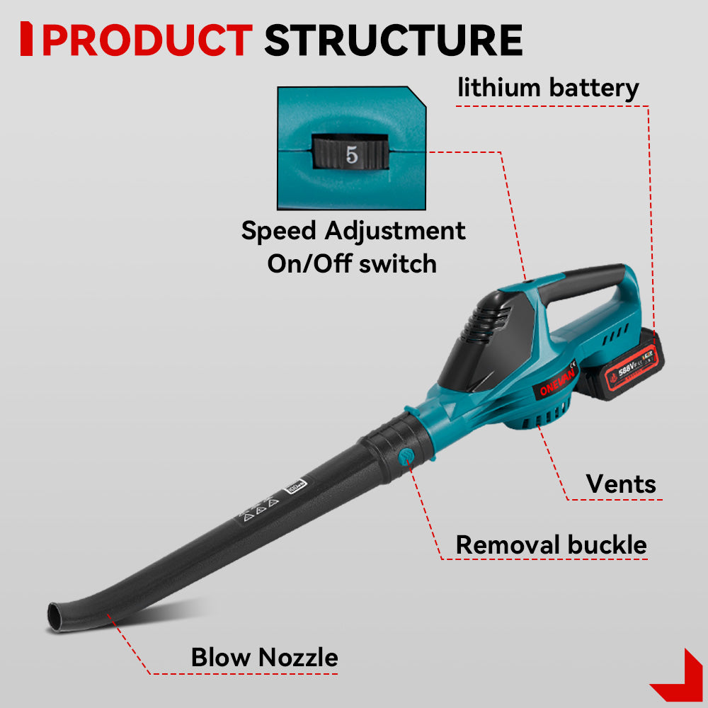 Soplador de nieve y hojas inalámbrico de 5 velocidades y sin escobillas ONEVAN de 5500 W | Para batería Makita de 18 V