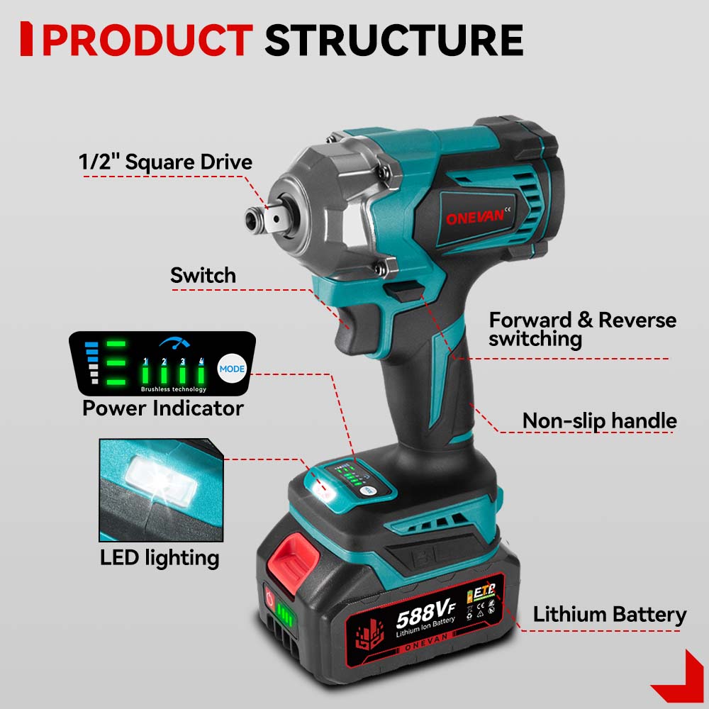 ONEVAN 1/2" 1200N·m Brushless Cordless Impact Wrench | For Makita 18V Battery