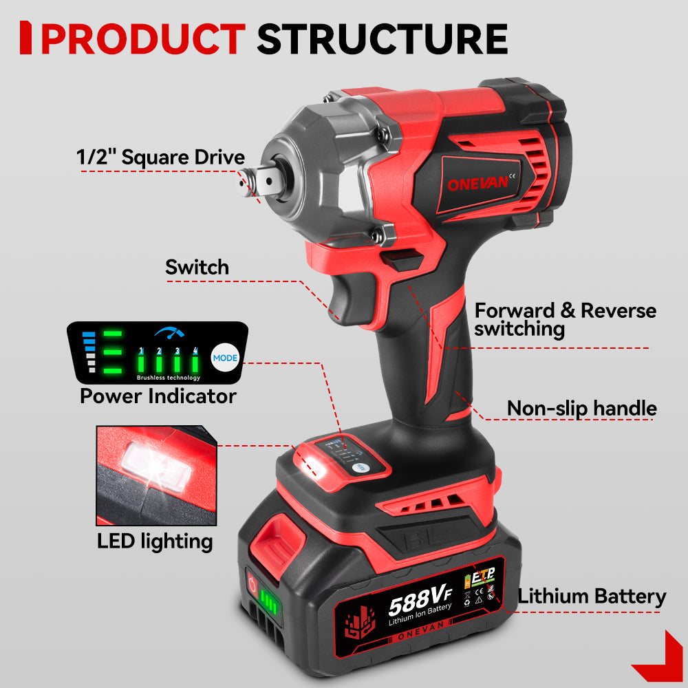ONEVAN 1/2" 1200N·m Brushless Cordless Impact Wrench Set – 44-Piece Kit | For Makita 18V Battery
