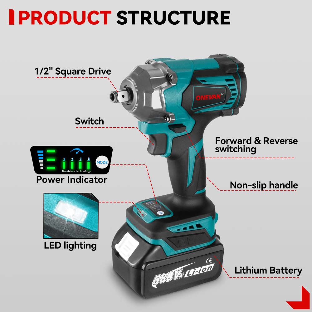 Llave de impacto inalámbrica ONEVAN de 1/2" y 1200 N·m (incluye 44 accesorios) | Para batería Makita de 18 V