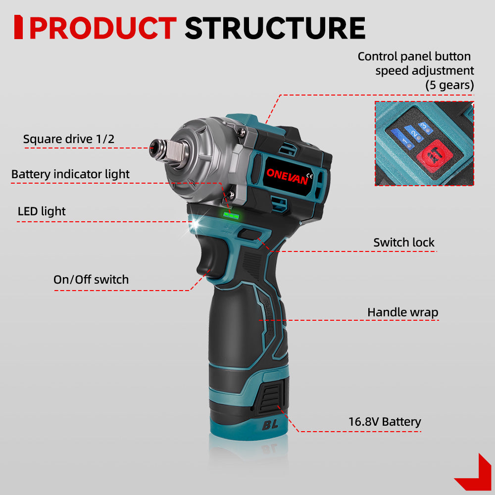 Llave de impacto inalámbrica ONEVAN de 16,8 V, 1/2", 500 N·m, sin escobillas, con 2 baterías y cargador