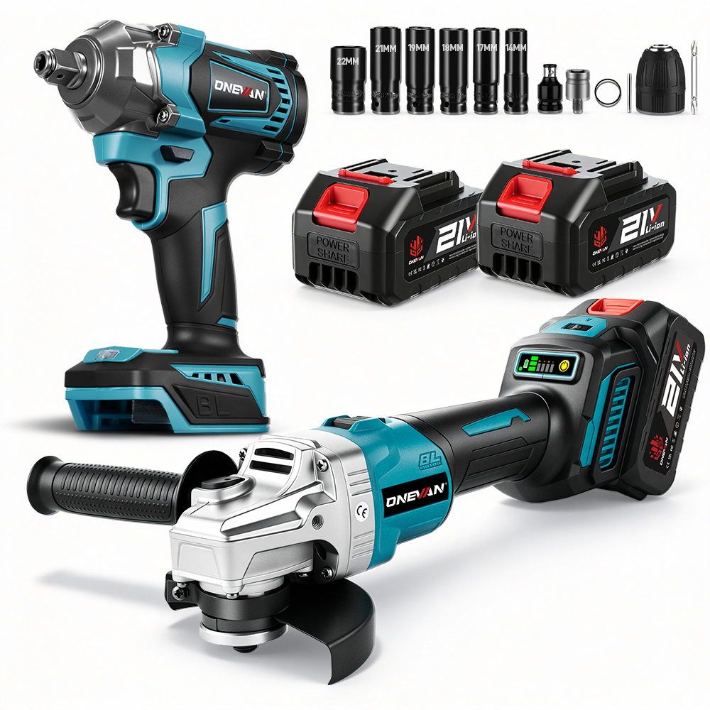 ONEVAN Brushless 1200N·m Impact Wrench & 125mm Angle Grinder Combo Kit, 2 Batteries & 12 Sockets