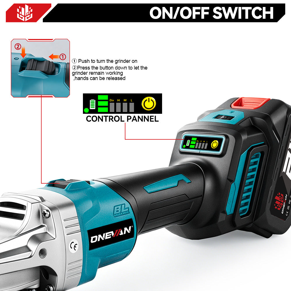 Amoladora angular inalámbrica ONEVAN de 125 mm y 6 velocidades | Para batería Makita de 18 V