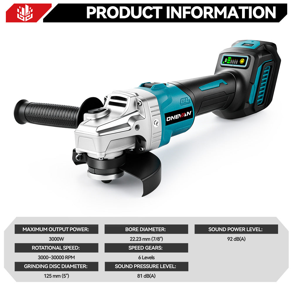 ONEVAN 1/2" 1200N·m Impact Wrench & 125mm Grinder & 13mm Drill Brushless Cordless 3‑Pc. Combo Kit 3.0Ah