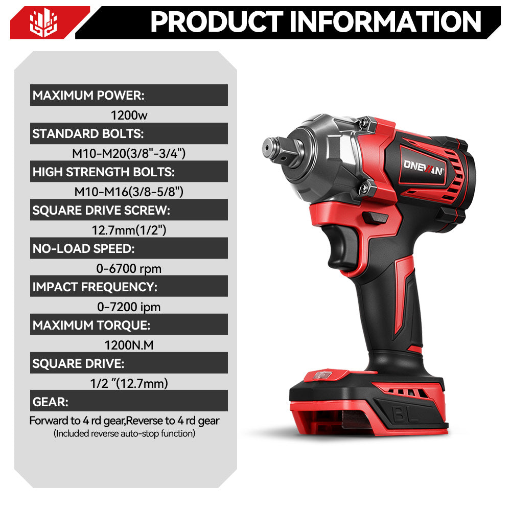 ONEVAN 1/2" 1200N·m & 1800N·m & 2800N·m Impact Wrench Brushless Cordless 3-Pc. Combo Kit 3.0Ah