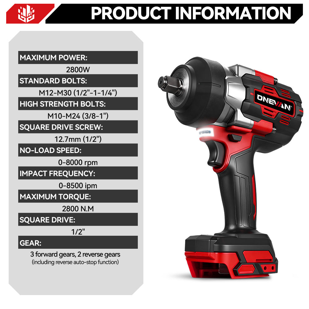 ONEVAN 1/2" 1200N·m & 1800N·m & 2800N·m Impact Wrench Brushless Cordless 3-Pc. Combo Kit 3.0Ah