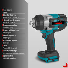 Chave de impacto elétrica sem escova ONEVAN 1/2" 1200N.m | Para bateria Makita 18V