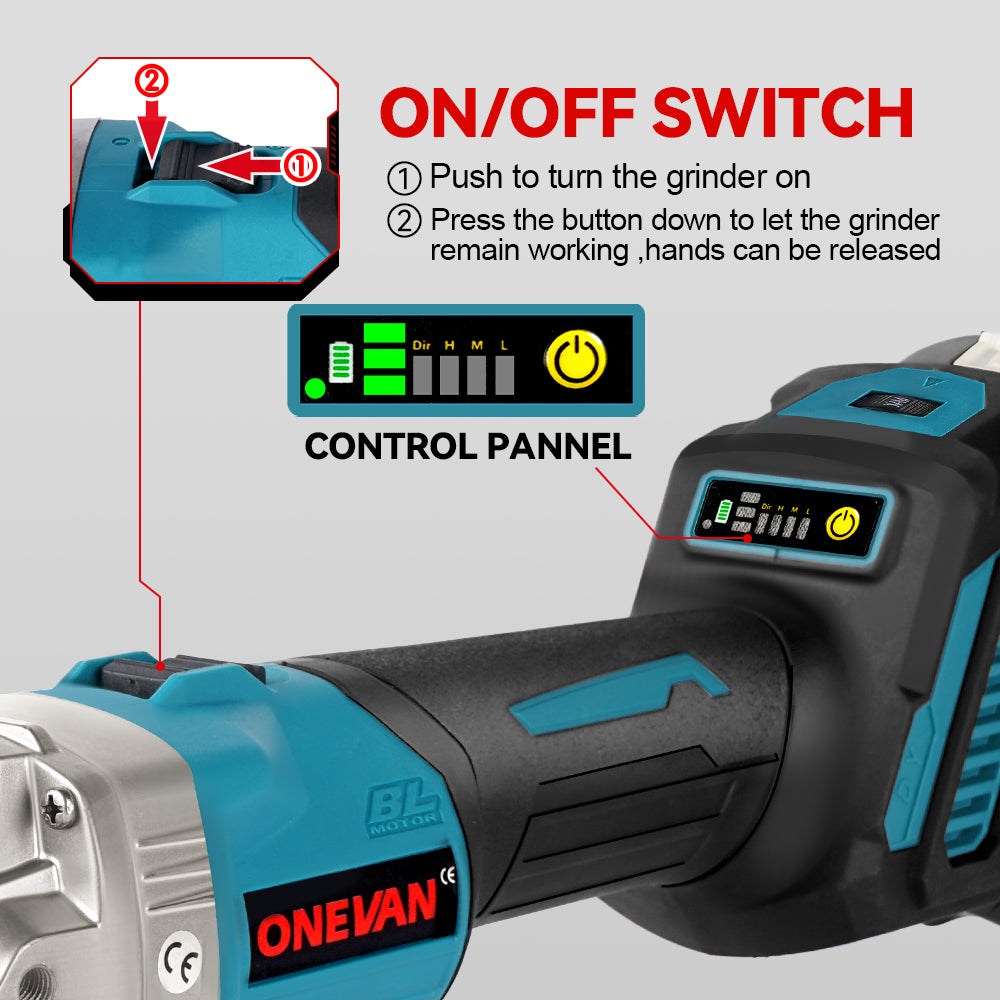 ONEVAN 125mm Brushless Cordless Angle Grinder 6 Gears | For Makita 18V Battery