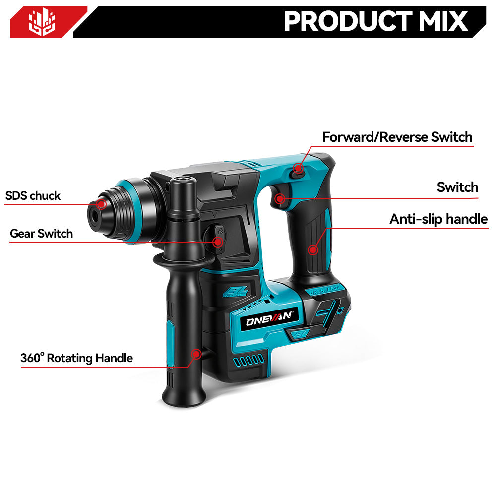 Taladro percutor rotativo sin escobillas ONEVAN de 24 mm - Perforación de hormigón y madera | Para batería Makita de 18 V