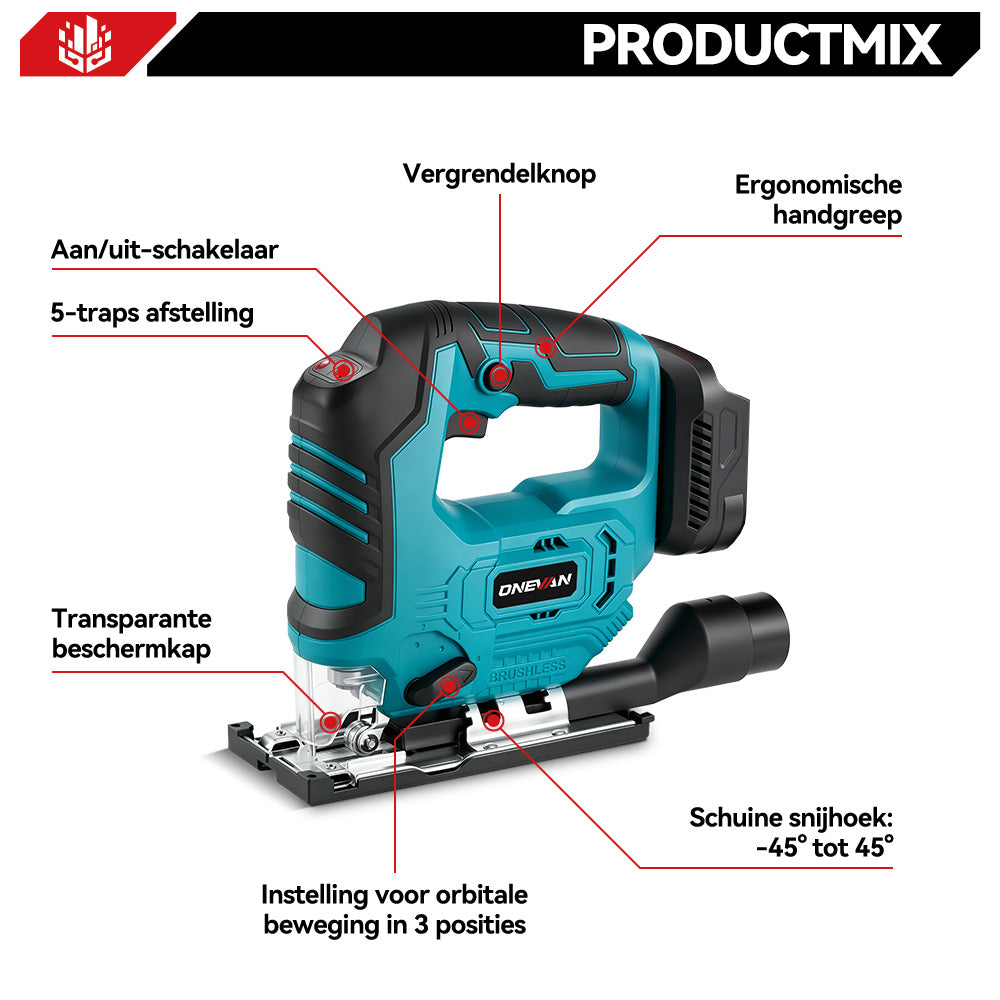 ONEVAN 135mm Brushless Cordless Jigsaw ±45 ° Bevel Capacity | For Makita 18V Battery