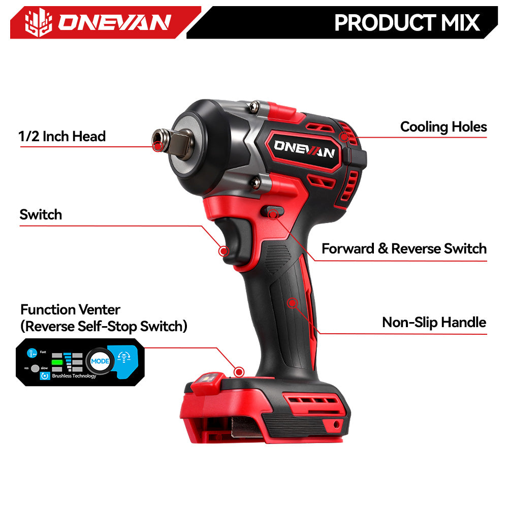ONEVAN 1/2" 500N·m Brushless Cordless Impact Wrench (31-Piece Accessory) | For Makita 18V Battery