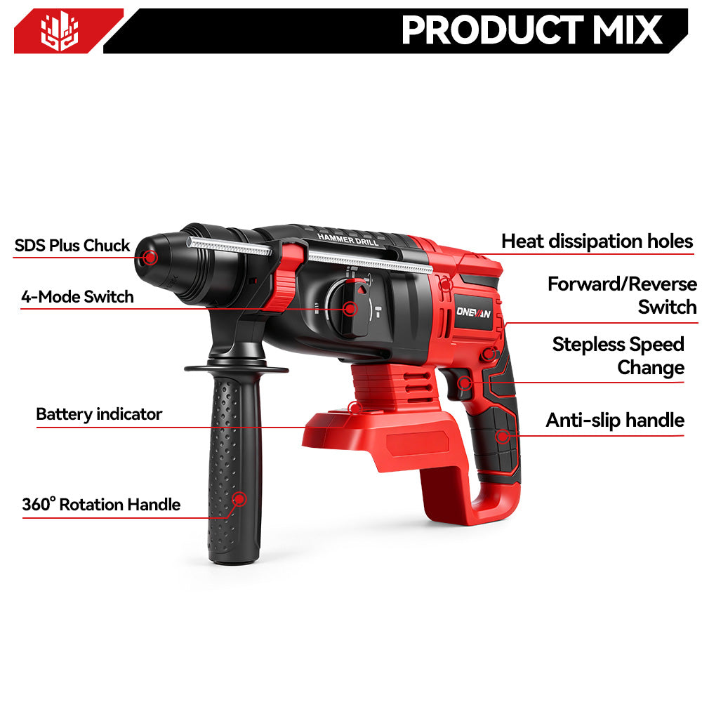 ONEVAN 26mm(4 Modes ) Brushless Cordless Rotary Hammer Drill | For Makita 18V Battery