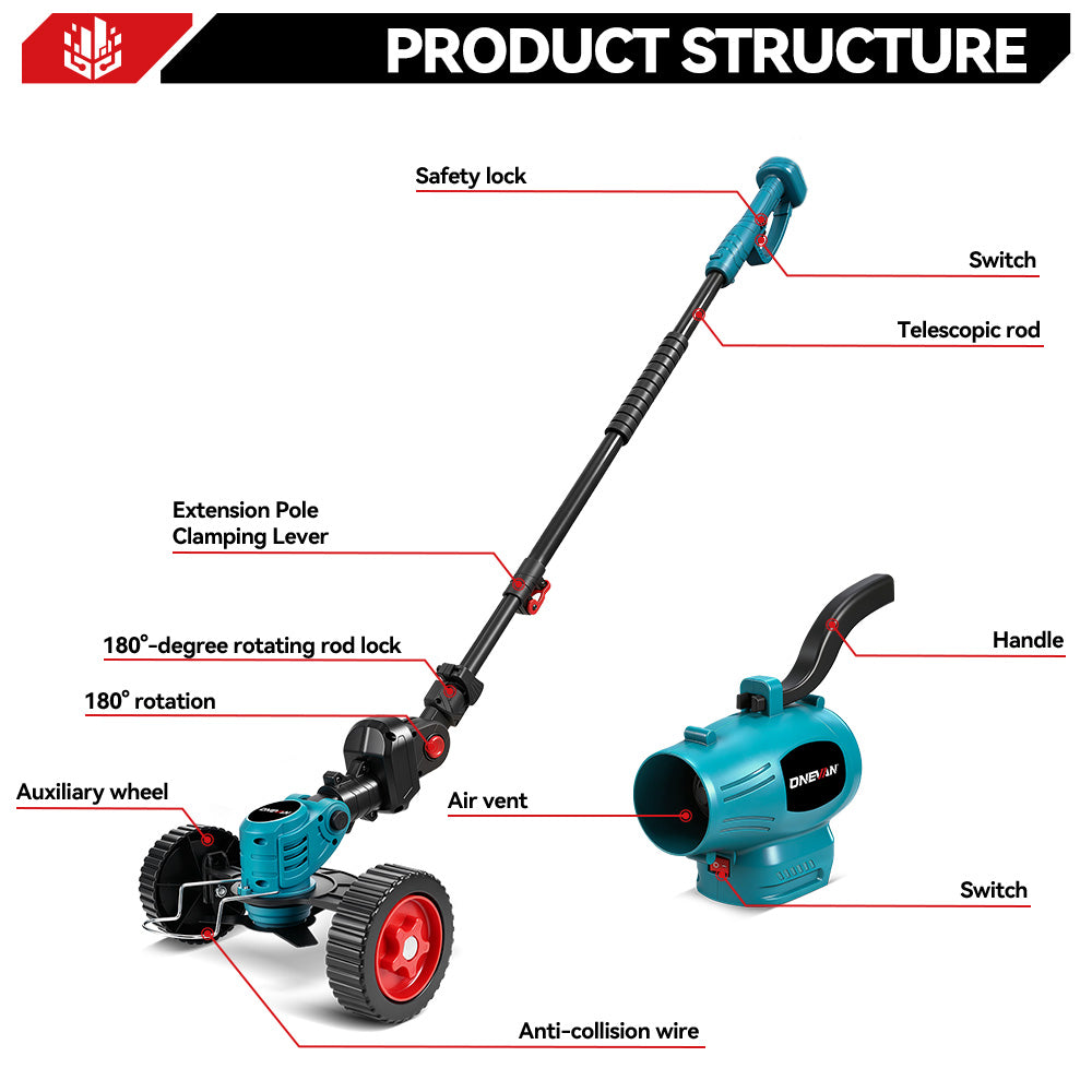 ONEVAN 3-in-1 Cordless Lawn Mower Kit with Blower & Extension Pole | 14cm Cutting Diameter