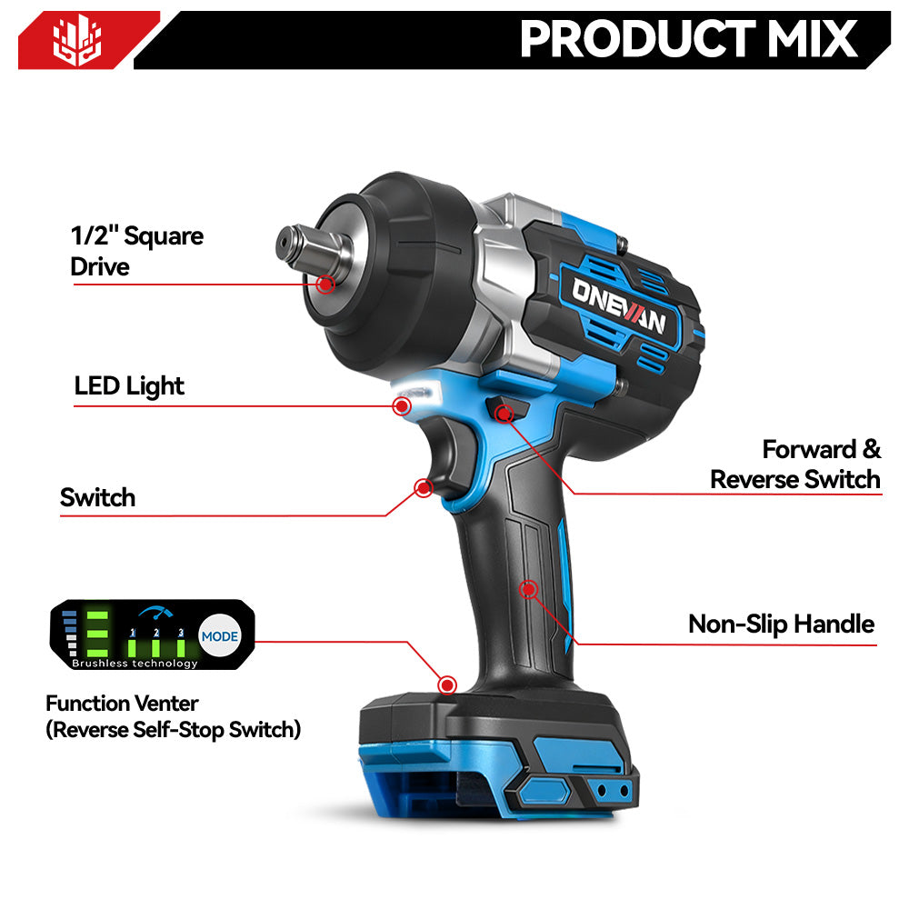 ONEVAN 1/2" 2800N·m Brushless Cordless Impact Wrench(4.5Ah Battery Upgrade – Long Lasting Power) | For Makita 18V Battery