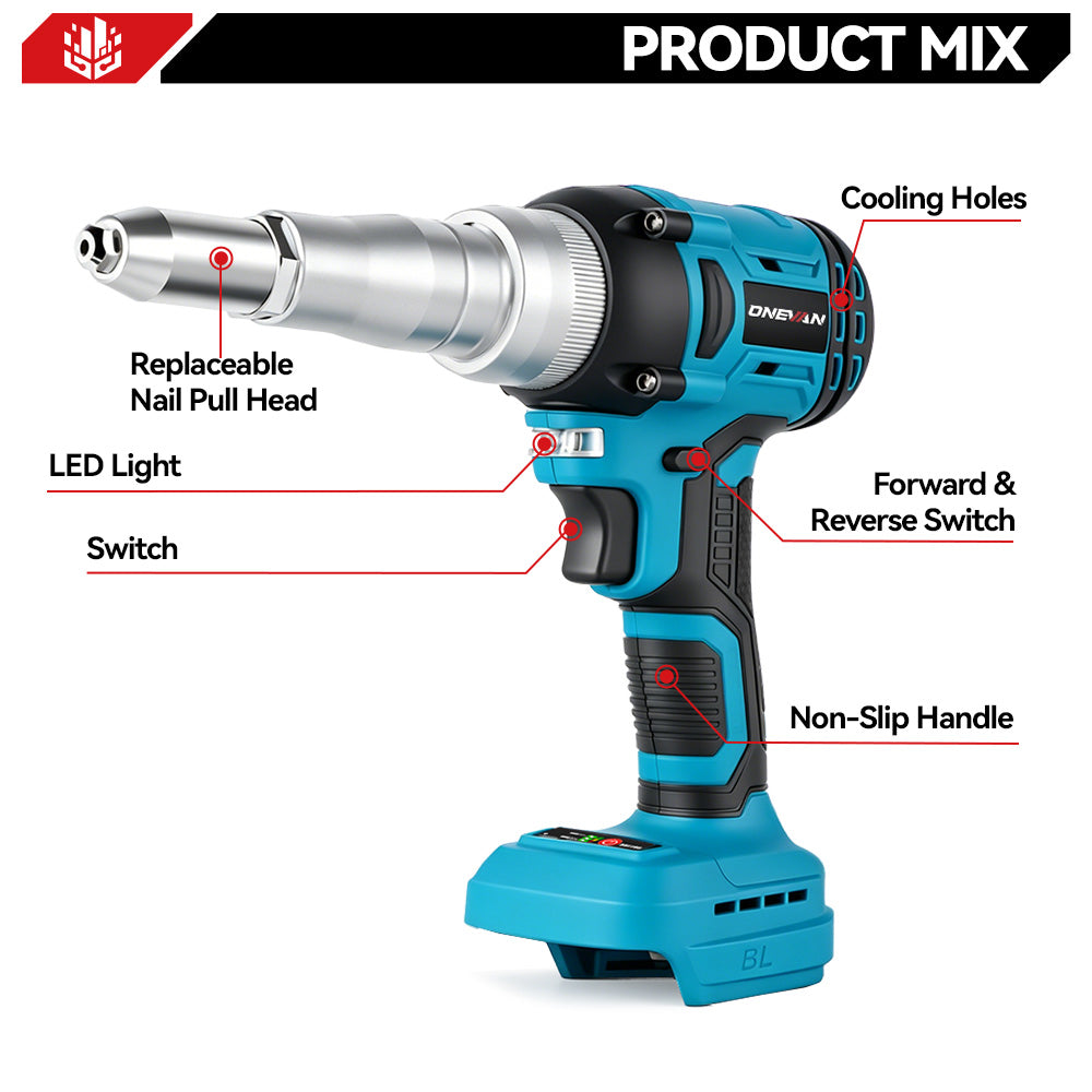 ONEVAN 20000N Brushless Cordless Rivet Gun | For Makita 18V Battery