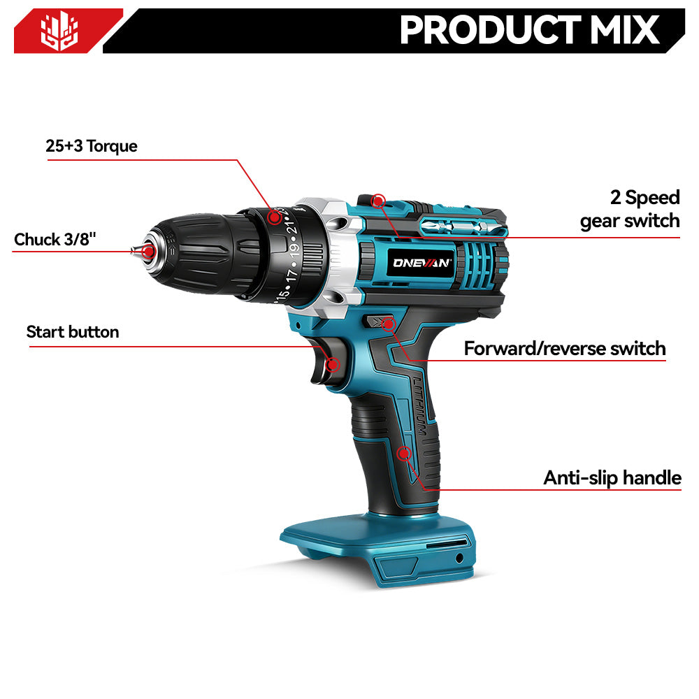 ONEVAN 0.8-10mm Cordless Impact Drill Electric Screwdriver Set With 24/34 Accessories | For Makita 18V Battery