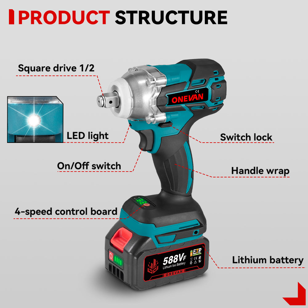 ONEVAN 1/2" 520N·m Cordless Impact Wrench | For Makita 18V Battery