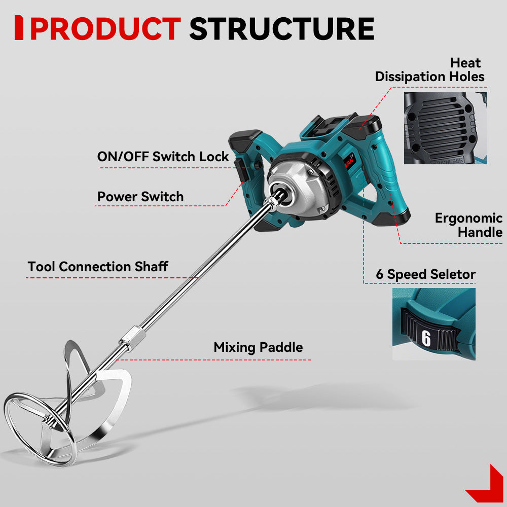 ONEVAN 6-Speed Cordless Brushless Concrete Mixer, LED Display | For Makita 18-21V Battery