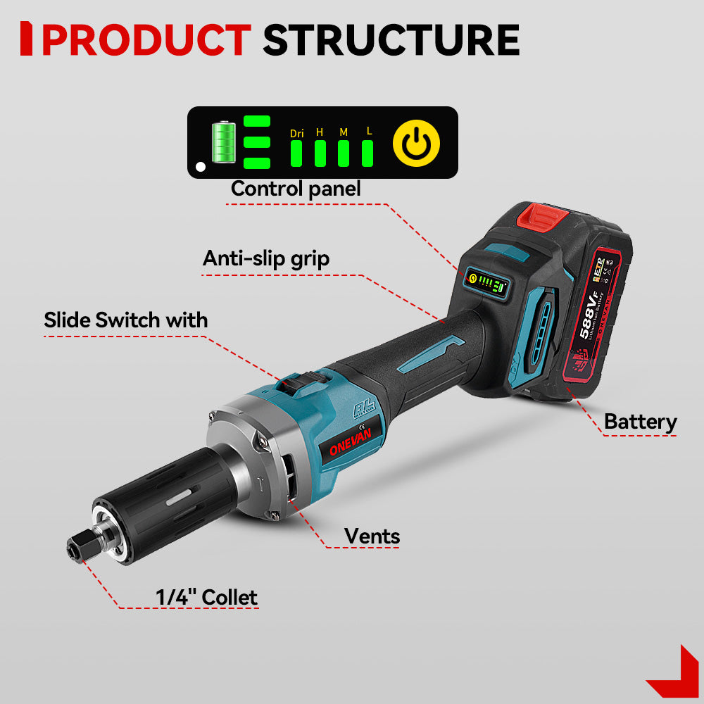 ONEVAN 6mm Brushless Cordless Die Grinder with 4-Speed Variable Adjustment | For Makita 18V Battery