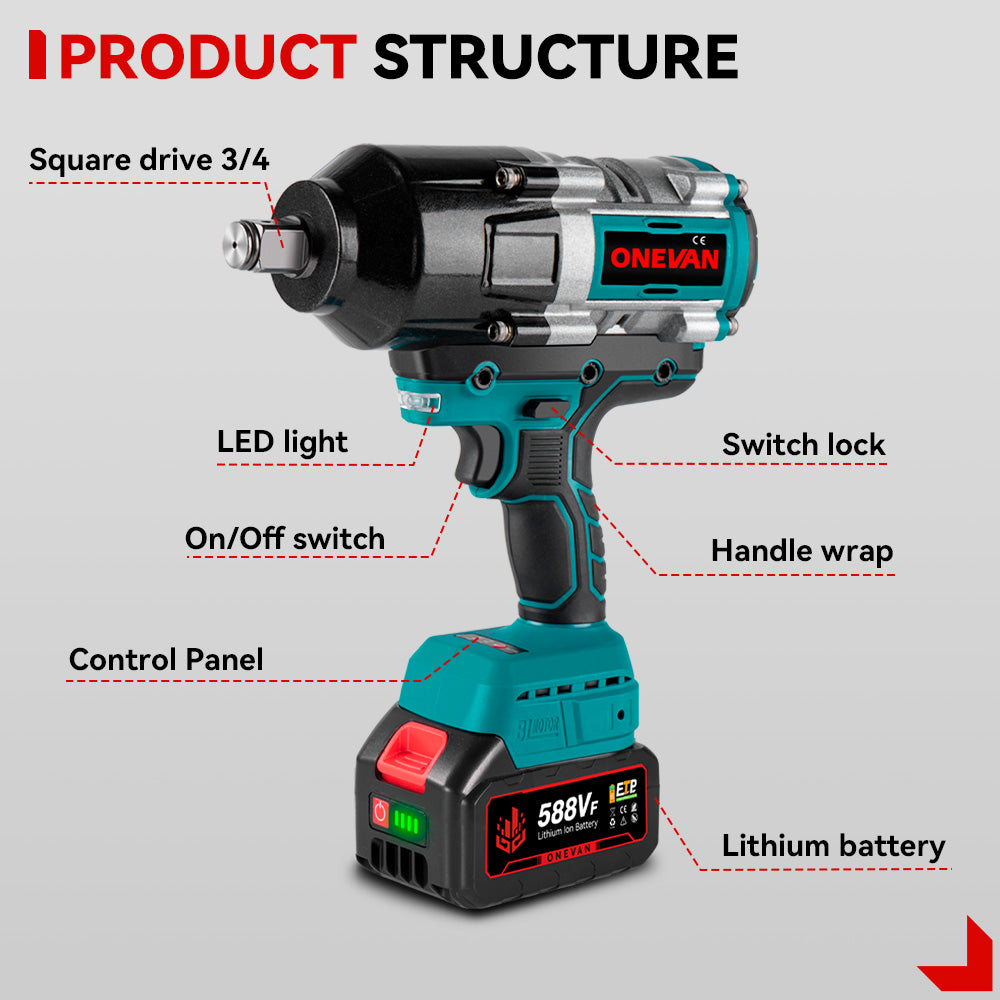 ONEVAN 3/4 Impact Wrench Cordless High Torque Brushless Impact Gun