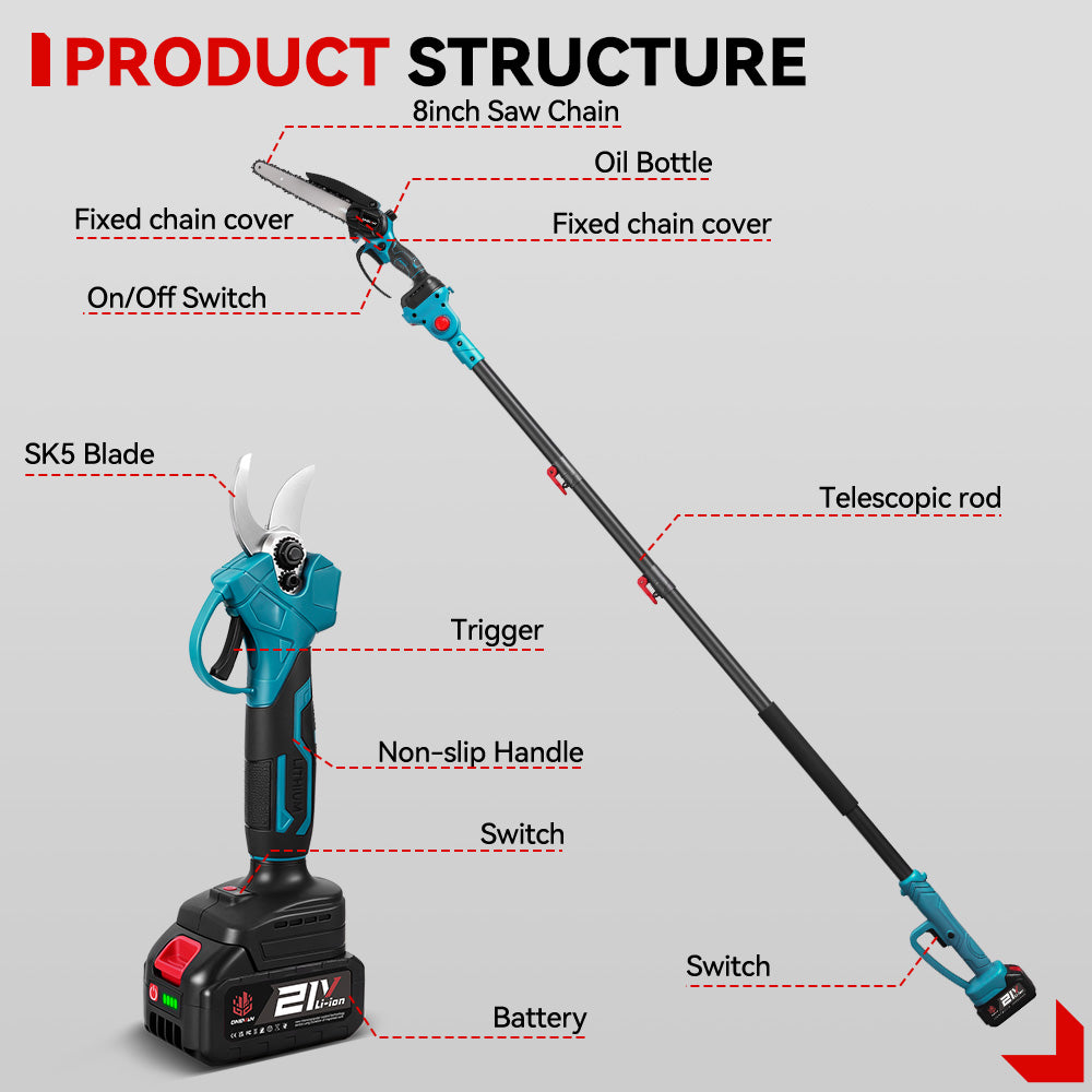 ONEVAN 8" Chainsaw & 25mm Pruner with 2m Telescoping Pole Brushless Cordless Combo Kit