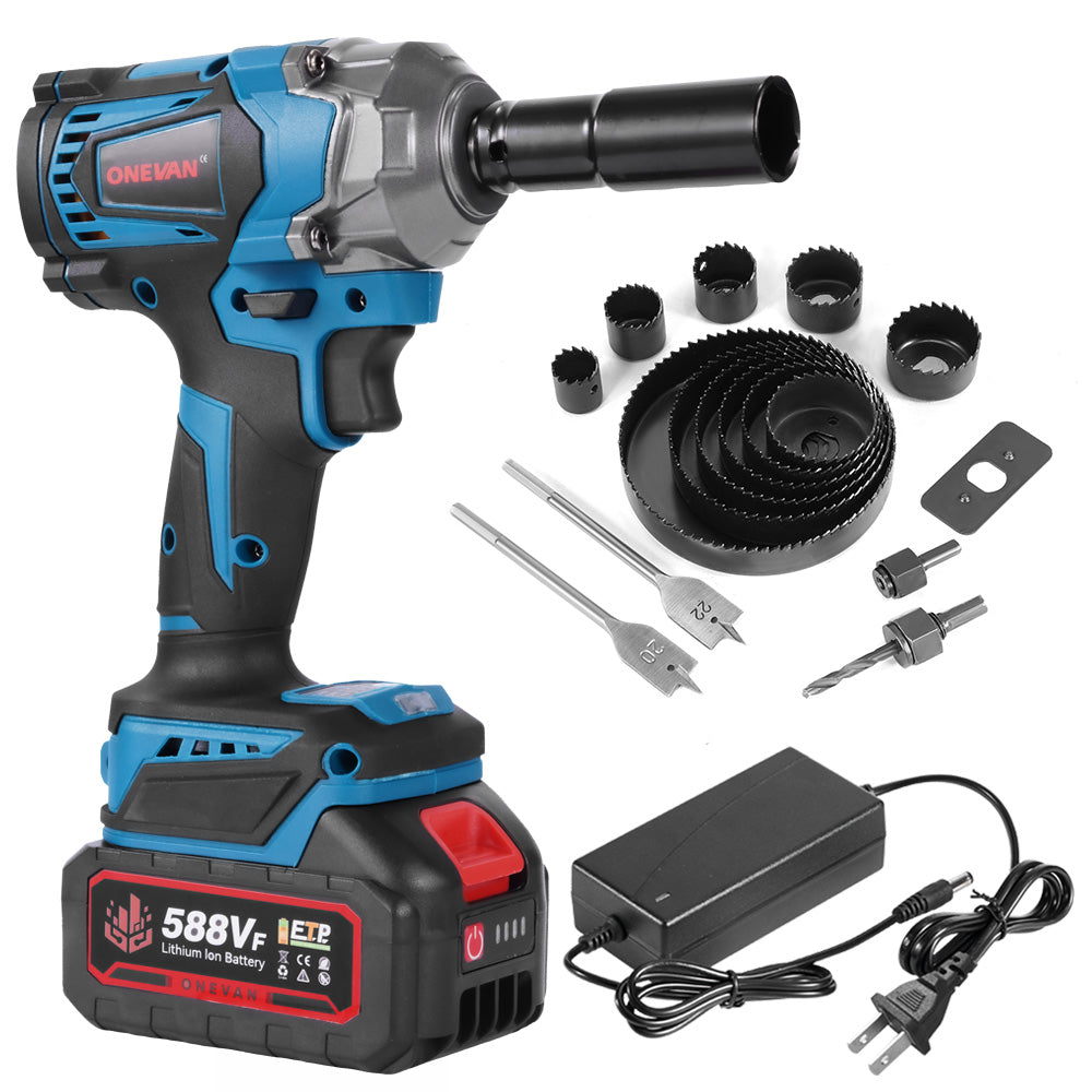 ONEVAN 1/2" 1200N·m Brushless Cordless Impact Wrench With 19-Piece Drill Accessory Kit & 2 Batteries
