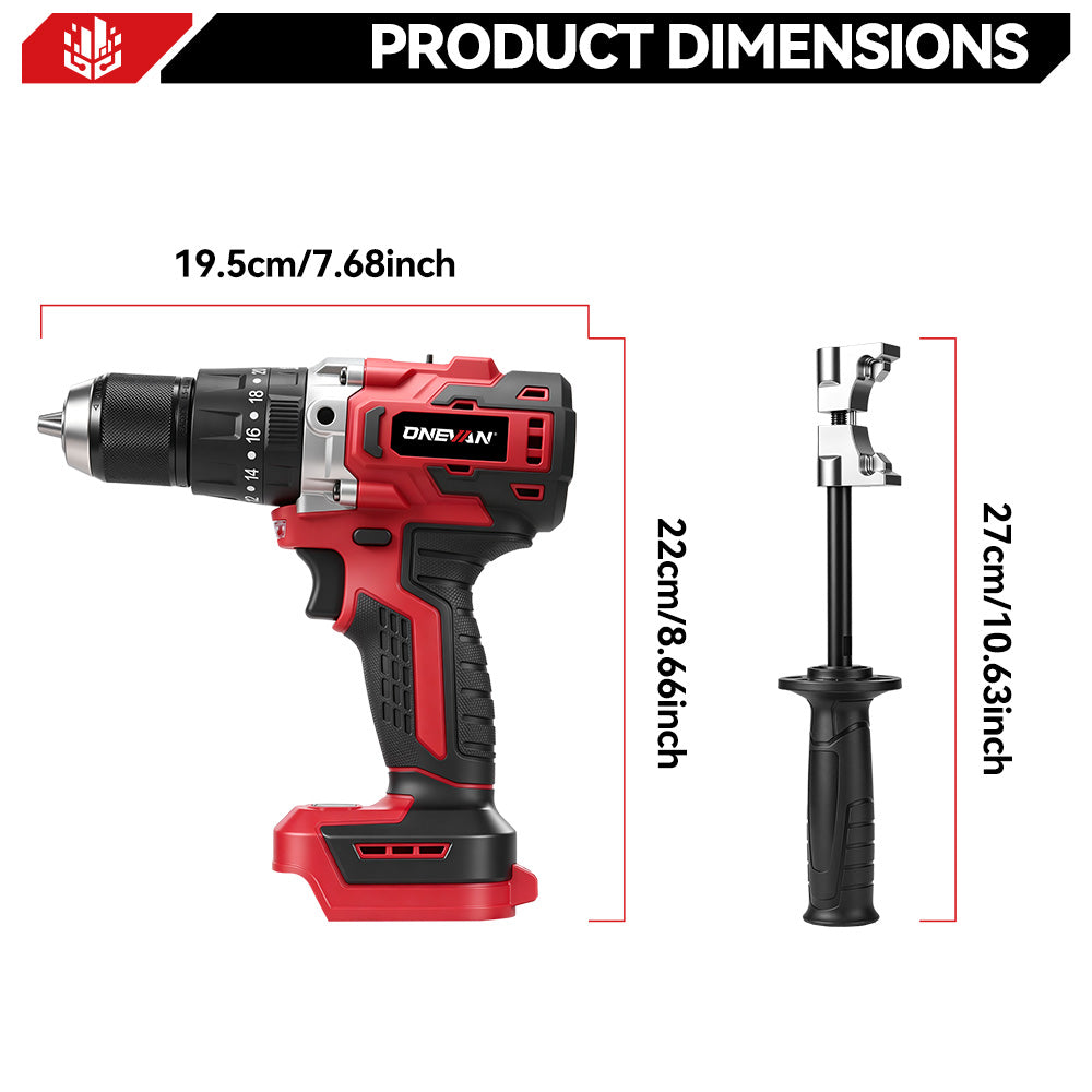 ONEVAN 13mm Brushless Impact Drill Kit with Auxiliary Handle, Anti-Kickback, 2-Speed & 20+1 Clutch Settings