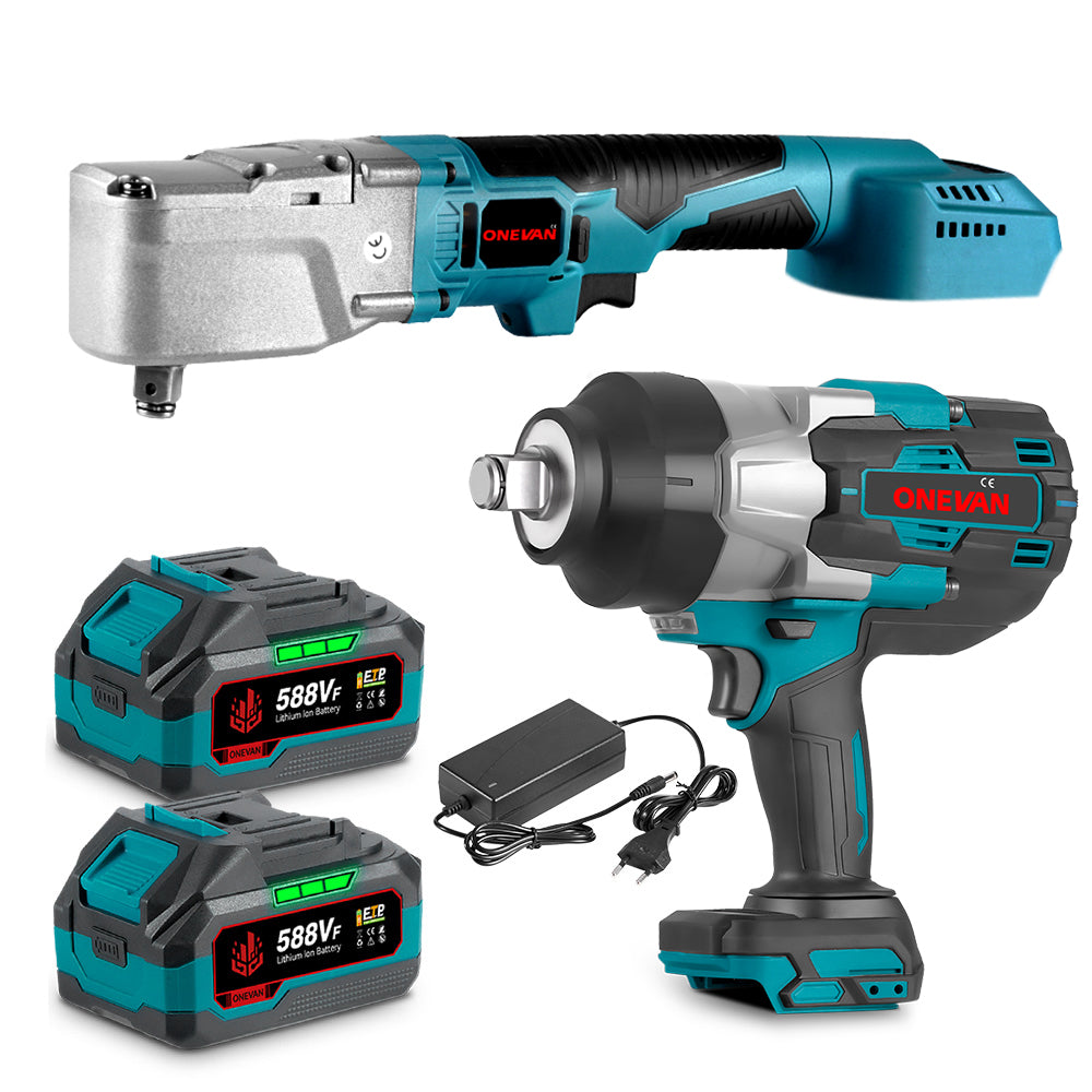 ONEVAN 3/4" 3500N·m Impact Wrench & 1/2'' 1000N·m Ratchet Wrench Brushless Cordless 2‑Pc. Combo Kit 6.0Ah