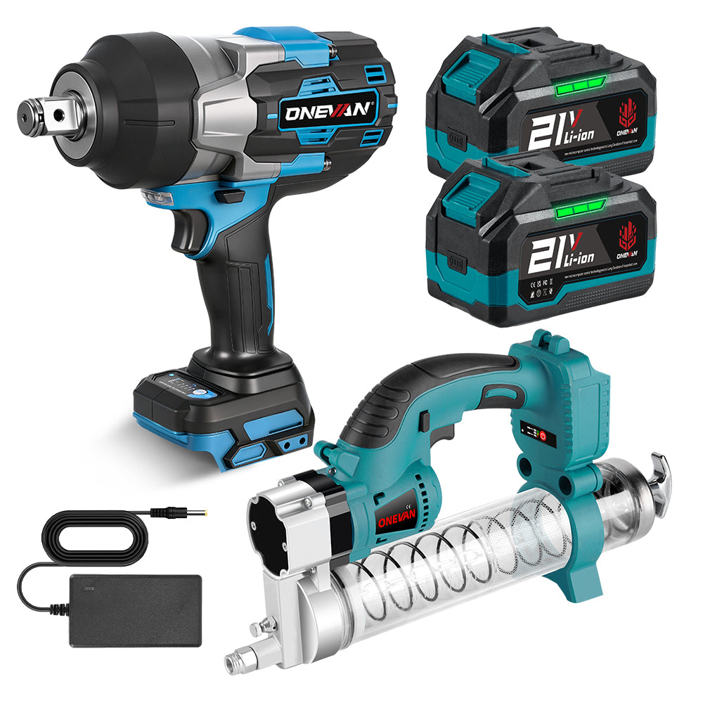 ONEVAN 3/4" 3500N·m Impact Wrench & 10000PSL Grease Gun Brushless Cordless 2‑Pc. Combo Kit 3.0Ah