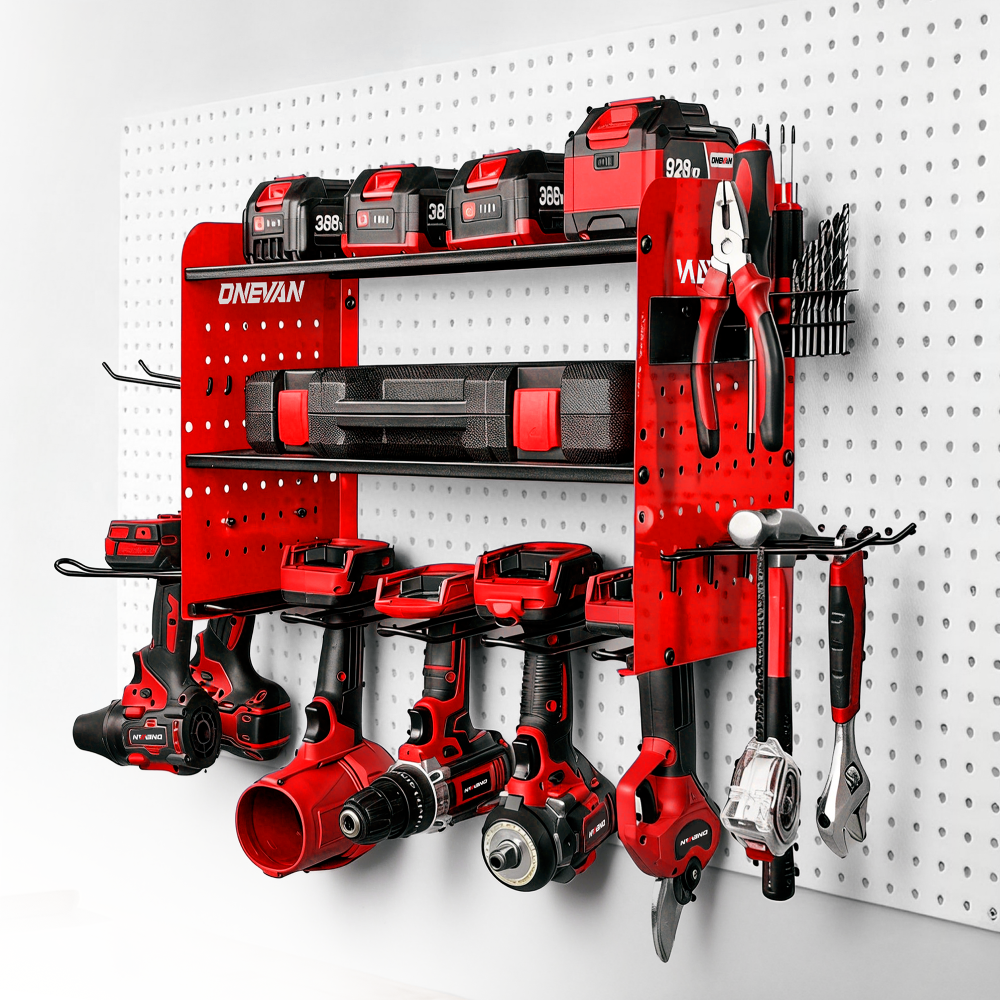 ONEVAN 4-Slot 3-Layer Wall Tool Organizer Pegboard Rack Wall-Mounted Storage (No Power Strip)