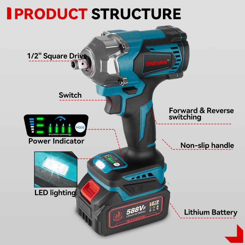 ONEVAN 1/2" 1200N·m Brushless Cordless Impact Wrench With 19-Piece Drill Accessory Kit & 2 Batteries