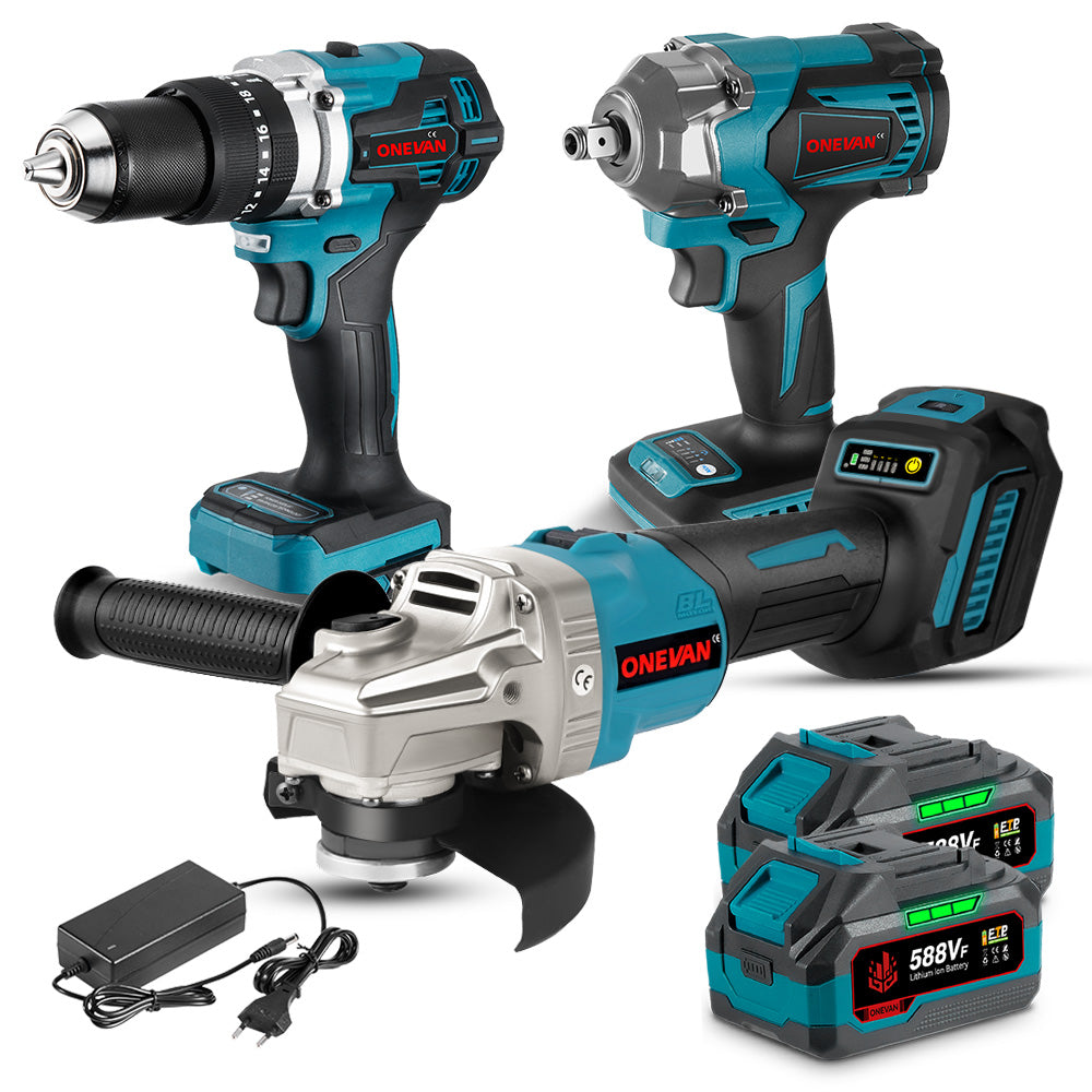 ONEVAN 1/2" 1200N·m Impact Wrench & 125mm Grinder & 13mm Drill Brushless Cordless 3‑Pc. Combo Kit 6.0Ah