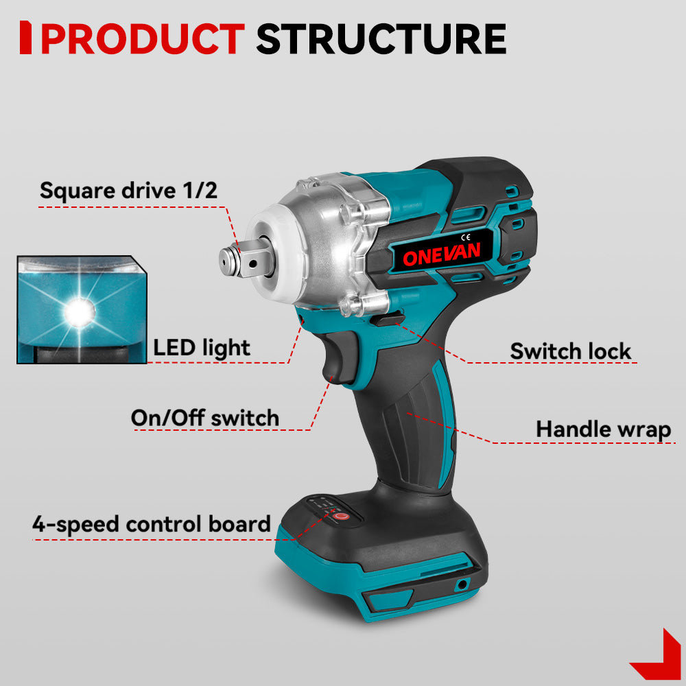 Kit combinado inalámbrico sin escobillas ONEVAN con llave de 520 N·m, motosierra de 6" y podadora de 25 mm con pértiga telescópica de 2 m