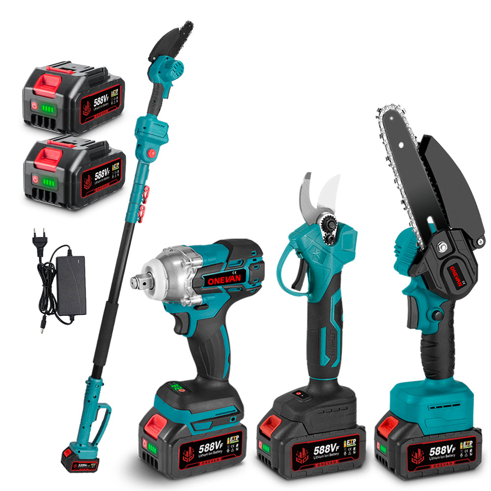 ONEVAN 520N·m Wrench & 6" Chainsaw & 25mm Pruner with 2m Telescoping Pole Brushless Cordless Combo Kit