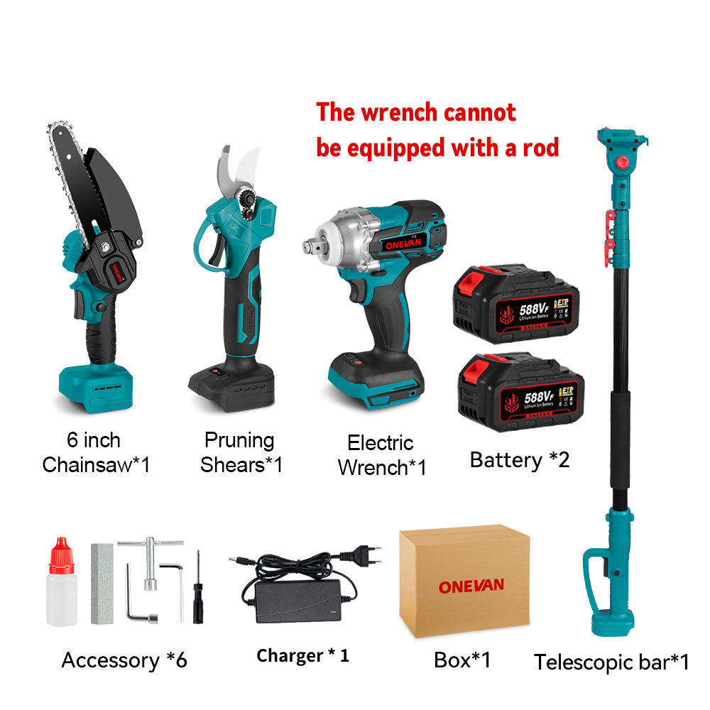 Kit combinado inalámbrico sin escobillas ONEVAN con llave de 520 N·m, motosierra de 6" y podadora de 25 mm con pértiga telescópica de 2 m