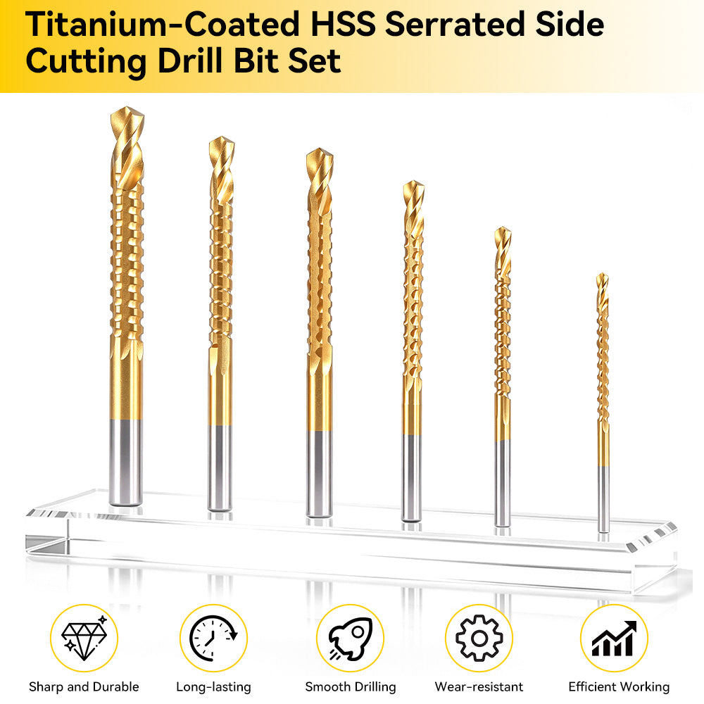 ONEVAN 6-Piece Serrated HSS Drill Bit Set, Titanium-Coated Twist Bits for Wood & Plastic