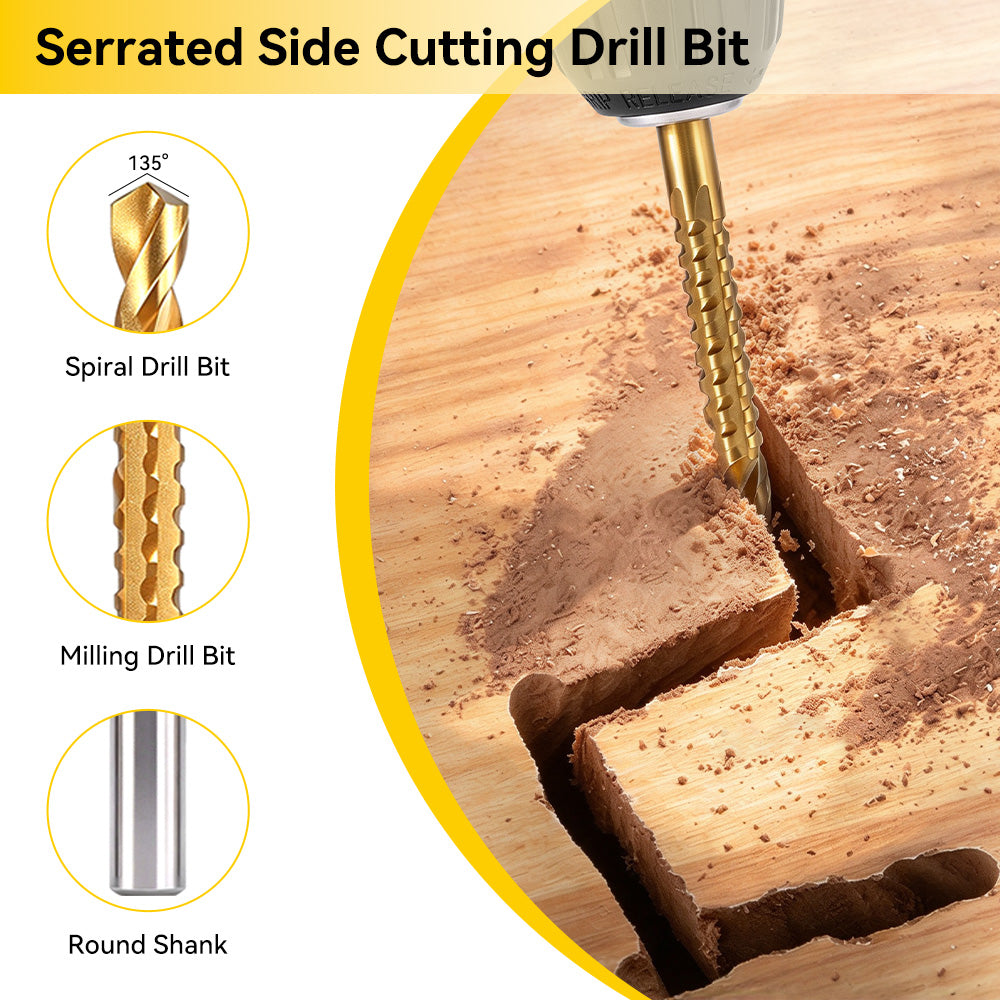ONEVAN 6-Piece Serrated HSS Drill Bit Set, Titanium-Coated Twist Bits for Wood & Plastic