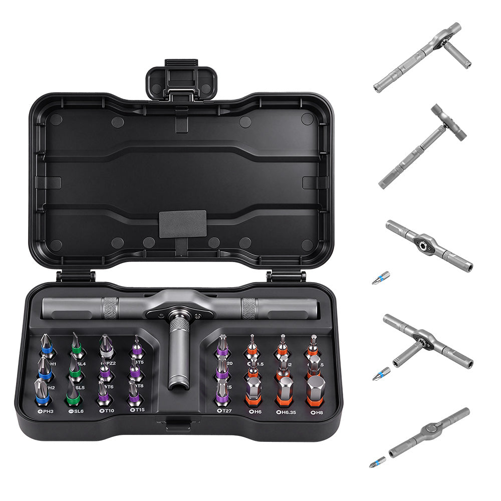 ONEVAN 24-in-1 T-Handle Ratcheting Screwdriver Kit – Magnetic S2 Steel Bits, Compact Multi-Bit Repair Tool