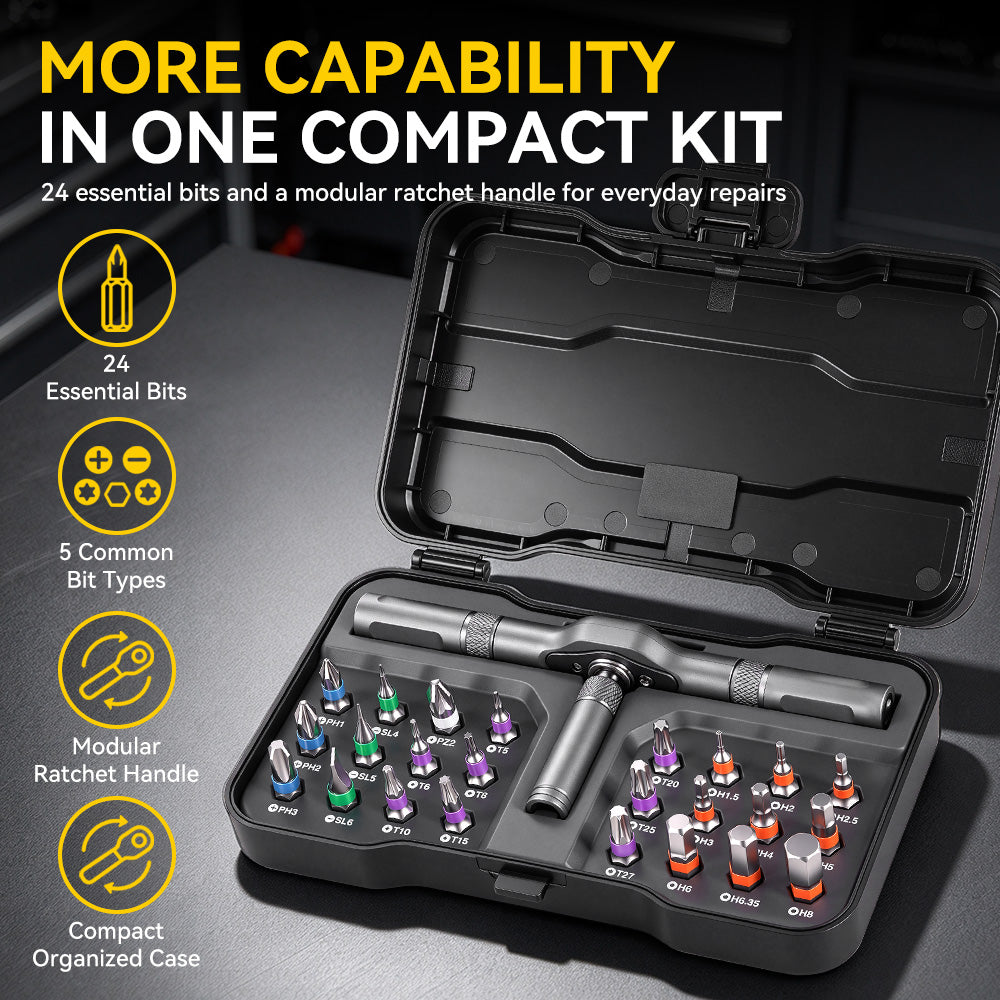 ONEVAN 24-in-1 T-Handle Ratcheting Screwdriver Kit – Magnetic S2 Steel Bits, Compact Multi-Bit Repair Tool