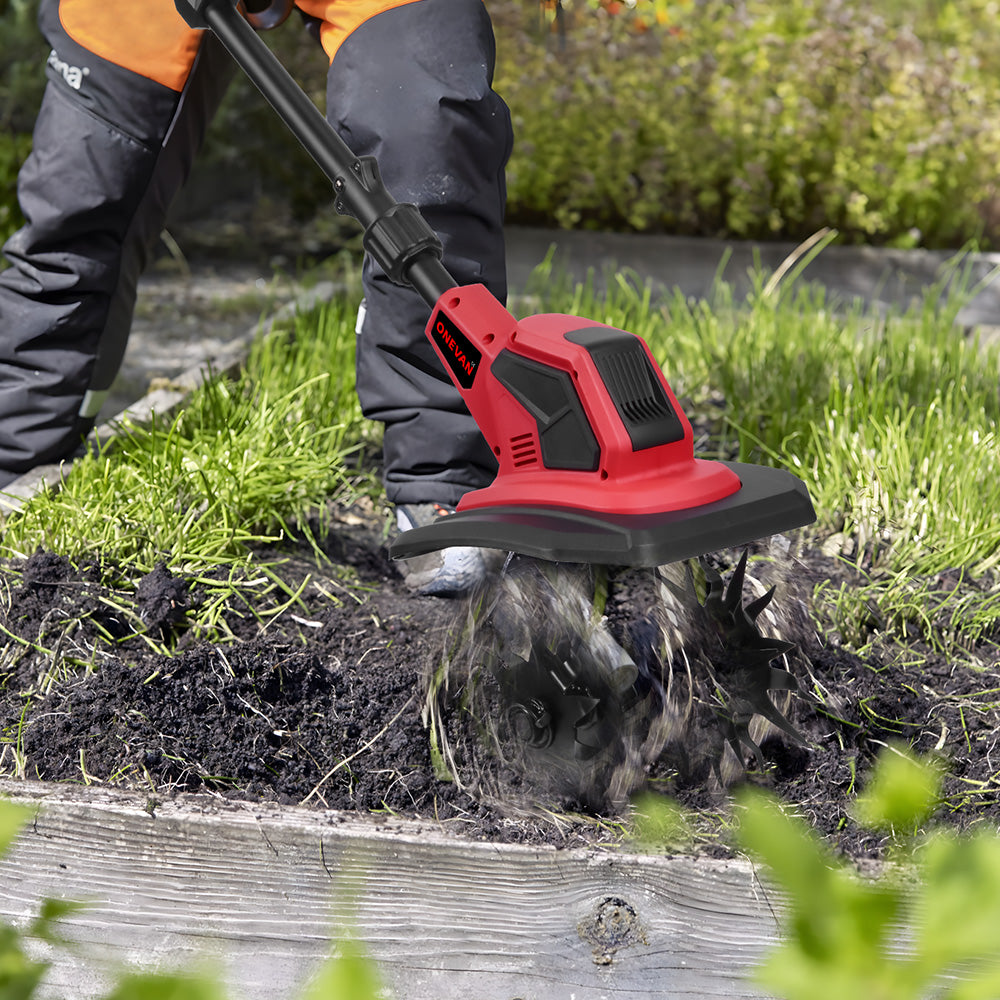 ONEVAN 18V Cordless Mini Tiller – 17cm Depth with Anti-Tangle Blades