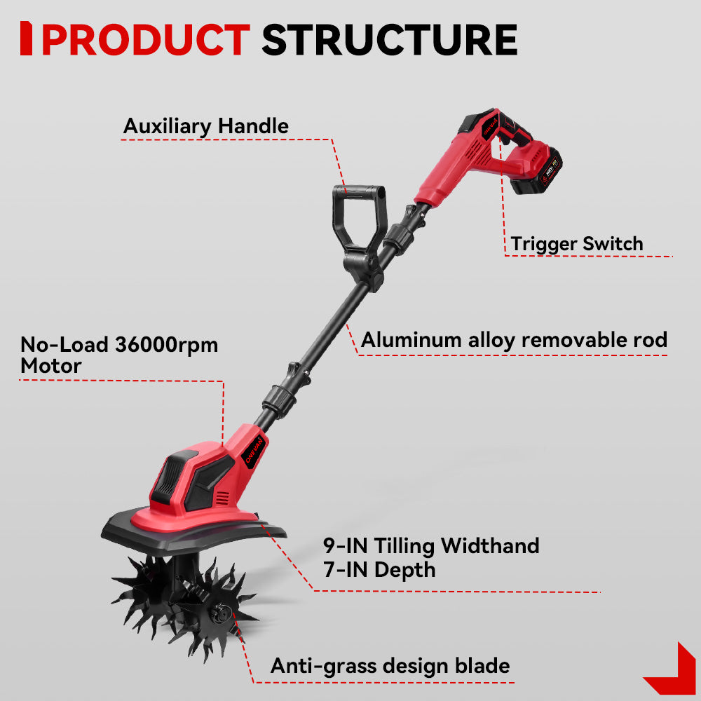 ONEVAN 18V Cordless Mini Tiller – 17cm Depth with Anti-Tangle Blades