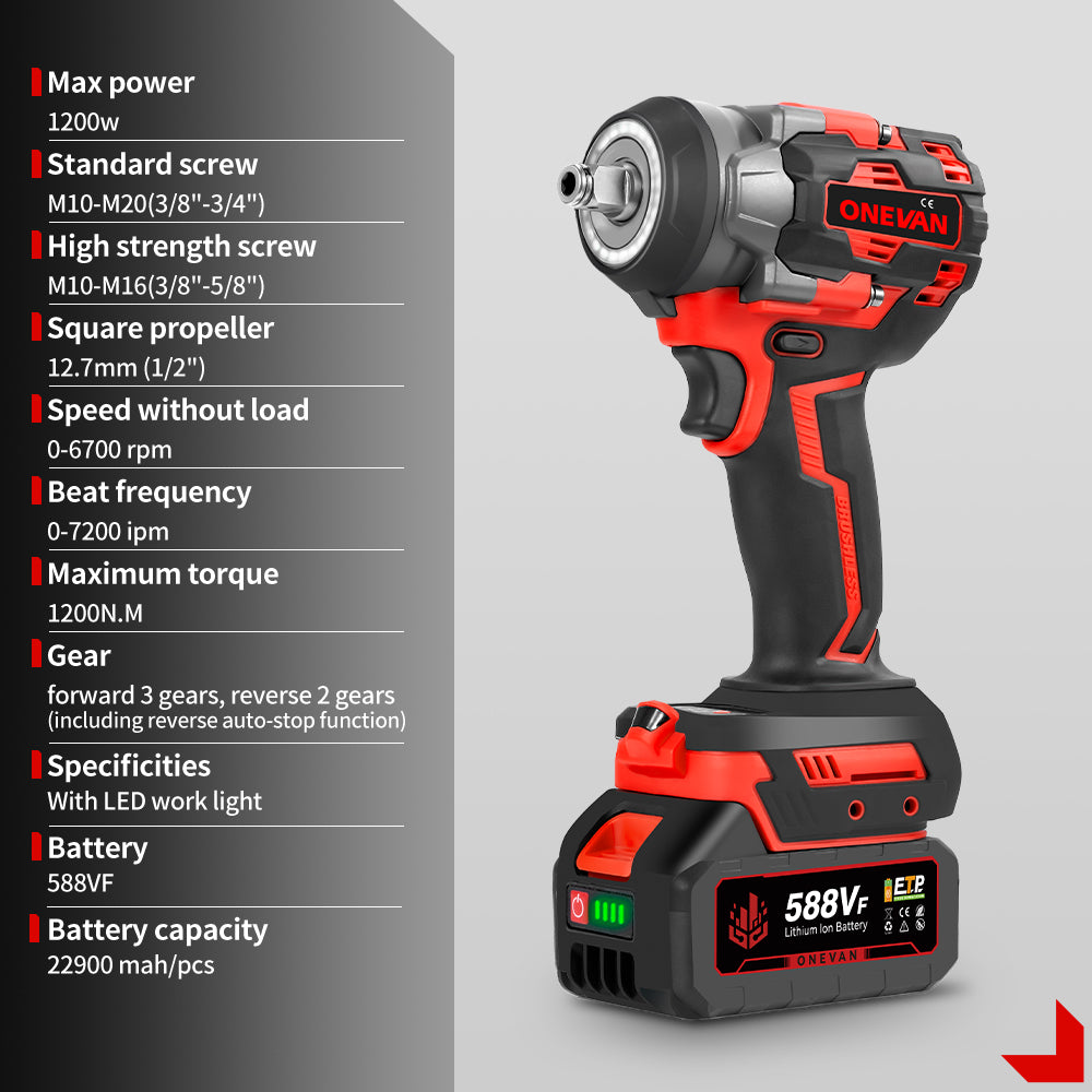 Llave de impacto inalámbrica ONEVAN de 1/2" y 1200 N·m sin escobillas, con 2 baterías y juego de 12 vasos