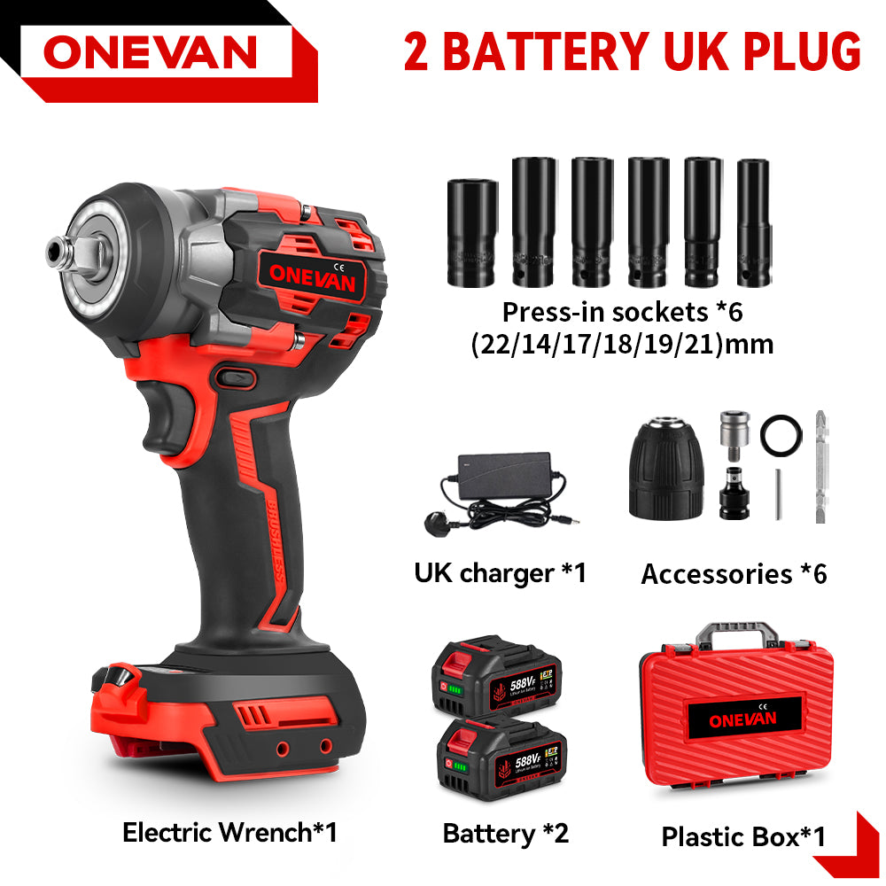 Llave de impacto inalámbrica ONEVAN de 1/2" y 1200 N·m sin escobillas, con 2 baterías y juego de 12 vasos