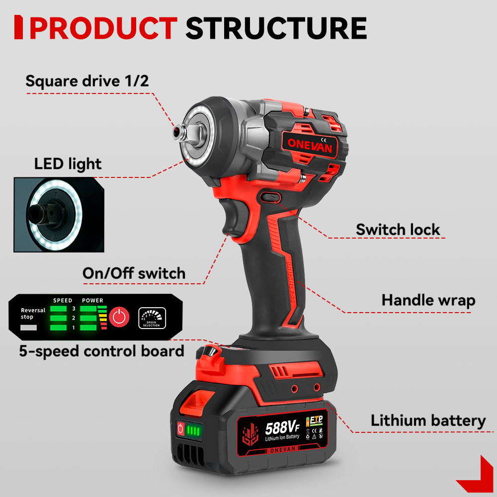 Llave de impacto inalámbrica ONEVAN de 1/2" y 1200 N·m sin escobillas, con 2 baterías y juego de 12 vasos